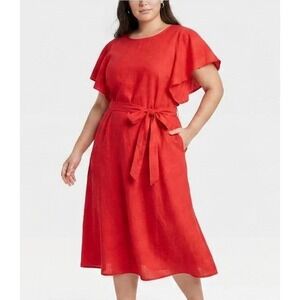 Red Linen Blend Midi Dress XXL Flutter Sleeve Belted Preppy Nautical Classic
